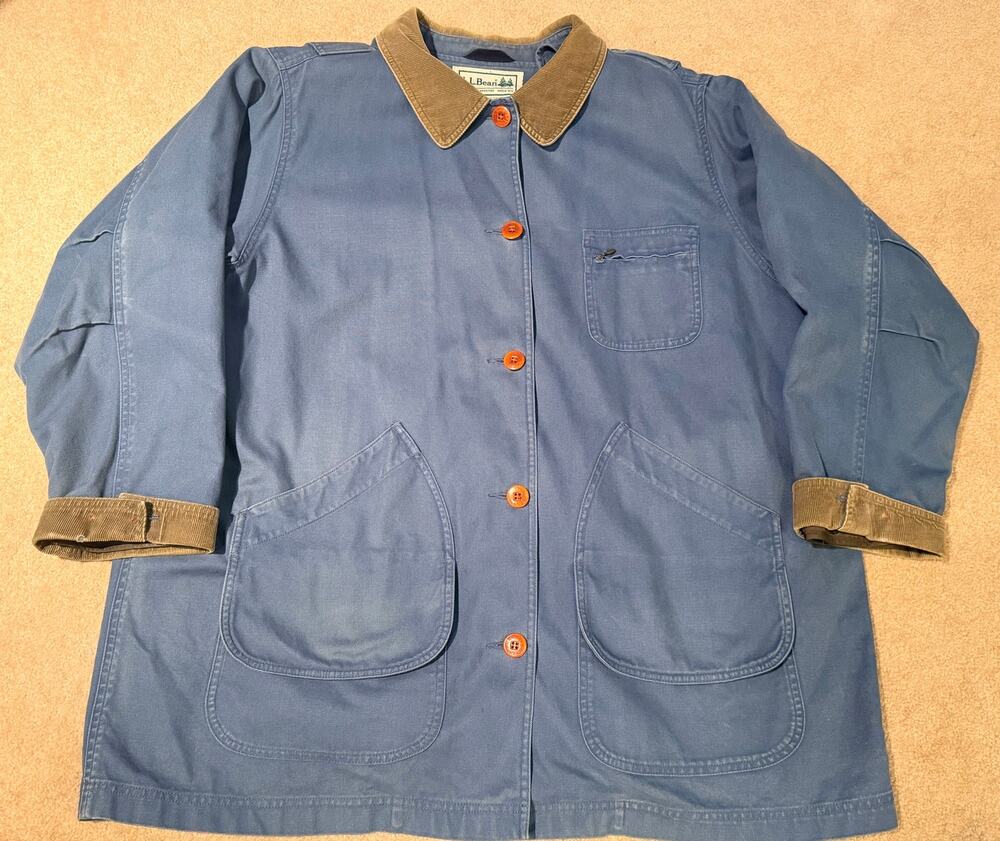 Vintage L.L. Bean Women 2X Blue Canvas Field Coat Plaid Wool Liner Corduroy